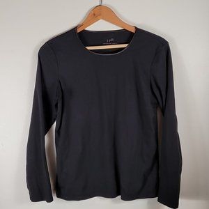 J. Jill Basic Long Sleeve Tee Large Black Satin Trimmed 100% Cotton Neutral Top